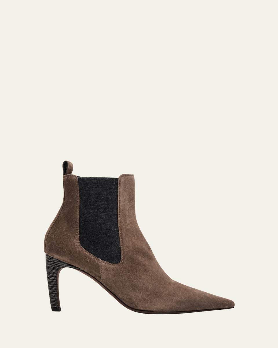 Suede Monili-Heel Chelsea Booties